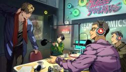 Rule 34 | 4boys, ^ ^, ^o^, bottle, cake, chair, closed eyes, company name, copyright name, food, green sweater, headphones, jacket, killing stalking, male focus, microphone, multiple boys, oba-min, officer park (killing stalking), oh sangwoo, pop filter, poster (object), purple jacket, recording studio, sign, smile, studio microphone, sweater, table, undercut, water bottle, yang seungbae