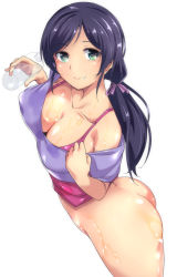 Rule 34 | 10s, 1girl, ass, bad id, bad pixiv id, bare shoulders, bottle, bottomless, breasts, cleavage, downblouse, eon (bottomline), from above, green eyes, large breasts, looking at viewer, love live!, love live! school idol festival, love live! school idol project, off shoulder, purple hair, shirt, simple background, solo, t-shirt, tank top, tomohiro kai, tojo nozomi, twintails, water, water bottle, white background