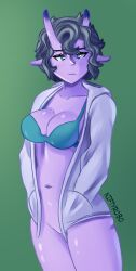 Rule 34 | 1girl, absurdres, antennae, black hair, blue bra, blue eyes, blush, bored, bra, collarbone, colored skin, cowboy shot, curly hair, gradient background, green background, hands in pockets, highres, hood, hoodie, jacket, looking at viewer, monster girl, navel, niftyrobo, no panties, open clothes, original, purple skin, self-upload, shiny skin, skindentation, solo, thick thighs, thighs, underwear, white jacket