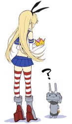 Rule 34 | 1girl, :3, ?, blonde hair, crossover, elbow gloves, from behind, full body, gloves, high heels, highres, kantai collection, long hair, magai akashi, mario (series), microskirt, new super mario bros. u deluxe, nintendo, rensouhou-chan, shimakaze (kancolle), simple background, skirt, standing, striped clothes, striped thighhighs, super crown, thighhighs, white background, white gloves