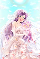 Rule 34 | 10s, 1girl, arihara (arhr0), bare shoulders, blush, bouquet, bow, breasts, bridal veil, bride, detached sleeves, dress, elbow gloves, flower, gloves, green eyes, highres, lace, large breasts, long hair, love live!, love live! school idol festival, love live! school idol project, open mouth, purple hair, smile, solo, thighhighs, tojo nozomi, twintails, veil, wedding dress
