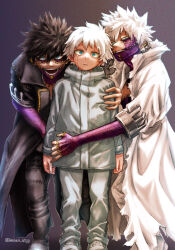 Rule 34 | 3boys, arms at sides, black coat, black hair, blue eyes, boku no hero academia, coat, crying, dabi (boku no hero academia), earrings, grey background, hand on another&#039;s shoulder, imoan atag, jacket, jewelry, male focus, multiple boys, multiple persona, pants, parted lips, spiked hair, spoilers, stitched face, stitches, todoroki touya, twitter username, white coat, white hair, white jacket, white pants