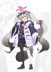 Rule 34 | 1girl, absurdres, ahoge, black footwear, black pantyhose, black shorts, blue archive, blush, cellphone, full body, grey hair, halo, highres, holding, jacket, long hair, long sleeves, michiru (blue archive), open clothes, open jacket, open mouth, pantyhose, phone, pink halo, same (samefgo), shoes, shorts, single leg pantyhose, smartphone, smile, solo, sunglasses, twintails, v, white jacket, wide sleeves, yellow eyes, zoom layer