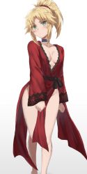 Rule 34 | 1girl, absurdres, blonde hair, braid, breasts, choker, collarbone, covering crotch, covering privates, fate/apocrypha, fate (series), french braid, green eyes, hair ornament, hair scrunchie, highres, lace trim, long hair, long sleeves, looking at viewer, mordred (fate), mordred (fate/apocrypha), parted bangs, ponytail, sash, scrunchie, sidelocks, small breasts, solo, thighs, tonee