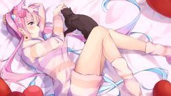 Rule 34 | 1girl, animal ears, arm up, bad id, bad pixiv id, bed sheet, blue hair, breasts, casual, cat, cat ears, colored inner hair, earrings, hair ornament, heart, heart-shaped pillow, highres, hololive, jewelry, knees together feet apart, long hair, long sleeves, looking at viewer, lying, medium breasts, minato aqua, mouth hold, multicolored hair, on side, pajamas, petting, pillow, purple eyes, purple hair, shorts, smile, solo, striped, taracomax, twintails, two-tone hair, virtual youtuber