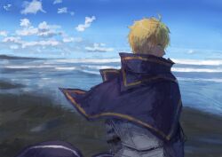 Rule 34 | 1boy, armor, arthur pendragon (fate), blonde hair, blue cape, cape, closed mouth, cloud, ebi (6 5), fate/grand order, fate (series), from behind, green eyes, looking at viewer, male focus, ocean, painting (medium), shore, short hair, sky, solo, traditional media, upper body, water