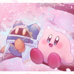 Rule 34 | :d, arm up, blue eyes, blue sky, blush, branch, cherry blossoms, commentary request, day, falling petals, full body, in tree, kirby, kirby&#039;s return to dream land, kirby (series), lemo (lemo 0141), letterboxed, magolor, nintendo, no humans, open mouth, outdoors, petals, rayman limbs, sitting, sitting in tree, sky, smile, tree, yellow eyes
