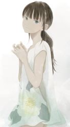 Rule 34 | 1girl, absurdres, brown hair, dress, flat chest, grey eyes, highres, junito715, long hair, looking at viewer, original, ponytail, simple background, solo