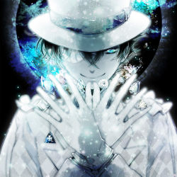 Rule 34 | 1boy, between fingers, black hair, blue eyes, clothes, crystal, diamond (gemstone), formal, gem, gloves, hat, holding, jewelry, kaitou kid, kuroba kaito, male focus, meitantei conan, monocle, monocle chain, short hair, smile, solo, spot color, suit, tennen hz, top hat, unmoving pattern, white gloves, white hat