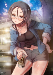 Rule 34 | 1girl, black hair, blue eyes, blush, breasts, can, girls und panzer, glasses, hand on own hip, highres, large breasts, looking at viewer, megadeko, navel, night, night sky, open mouth, rumi (girls und panzer), short hair, shorts, sky, smile, solo, star (sky), starry sky