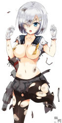Rule 34 | 10s, 1girl, areola slip, black pantyhose, blue eyes, breasts, female focus, gloves, hair ornament, hair over one eye, hairclip, hamakaze (kancolle), kantai collection, large breasts, pantyhose, school uniform, serafuku, short hair, silver hair, solo, torn clothes, torn pantyhose, white background, wince, yukiguni yuu