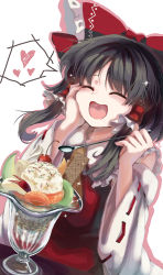 Rule 34 | 1girl, absurdres, bare shoulders, black hair, blush, bow, closed mouth, detached sleeves, hair bow, hair tubes, hakurei reimu, hand on own cheek, hand on own face, heart, highres, holding, holding spoon, japanese clothes, long hair, matsukuzu, nontraditional miko, open mouth, parfait, red bow, ribbon-trimmed sleeves, ribbon trim, sidelocks, signature, simple background, smile, solo, spoken heart, spoon, touhou, white background, wide sleeves