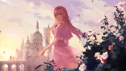 Rule 34 | 1girl, blonde hair, capelet, character request, day, dress, floating hair, flower, from behind, hair between eyes, hair flower, hair ornament, highres, long hair, looking at viewer, looking back, maerchen (sound horizon), open mouth, outdoors, petals, pink capelet, pink dress, pink flower, red eyes, red flower, red rose, rose, see-through silhouette, solo, sound horizon, standing, tsaishanny, very long hair, white flower, white rose