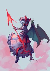 Rule 34 | 1girl, absurdres, black wings, blue hair, boots, bow, commentary, demon wings, english commentary, from side, full body, hat, hat bow, highres, kawuyuckie, mob cap, orange eyes, puffy short sleeves, puffy sleeves, red bow, remilia scarlet, ribbon-trimmed skirt, ribbon trim, shirt, short hair, short sleeves, skirt, smile, solo, spear the gungnir, touhou, waist bow, white footwear, white hat, white shirt, white skirt, wings, wrist cuffs