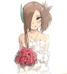 Rule 34 | 1girl, child, flower, hanenashi, holding, looking at viewer, narumi (hanenashi), necklace, one eye covered, original, plant, simple background, sketch, solo, upper body, wedding dress, white background