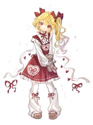Rule 34 | 1girl, 80isiiii, absurdres, alternate costume, bear slippers, bow, closed mouth, dress, flandre scarlet, frilled skirt, frills, full body, hair bow, heart, highres, holding, holding stuffed toy, long hair, long sleeves, looking at viewer, own hands together, pantyhose, pinafore dress, pointy ears, red bow, red dress, red eyes, red ribbon, ribbon, simple background, skirt, sleeveless, sleeveless dress, solo, stuffed animal, stuffed toy, teddy bear, touhou, white background, white leg warmers, white pantyhose, wide ponytail