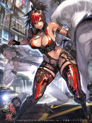 Rule 34 | 1girl, 3boys, absurdres, armlet, bare shoulders, belt, black footwear, blood, blood splatter, boots, breasts, brown hair, building, camouflage, car, cityscape, cleavage, collared shirt, copyright request, covered navel, dog tags, fighting, fighting stance, fingerless gloves, fishnets, formal, garter straps, glass, gloves, grey neckwear, highres, hyulla, large breasts, midriff, motor vehicle, multicolored hair, multiple boys, original, pants, ponytail, punching, red hair, revealing clothes, road, road sign, shiny skin, shirt, short hair, sideboob, sign, standing, street, suit, thighhighs, white suit, window