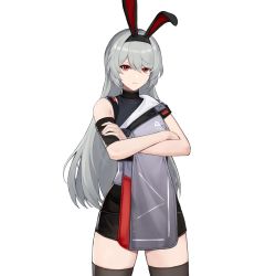 Rule 34 | 1girl, animal ears, asymmetrical sleeves, charolic (girls&#039; frontline 2), crossed arms, detached sleeves, fake animal ears, game cg, girls&#039; frontline 2: exilium, grey hair, long hair, looking at viewer, official art, orange eyes, rabbit ears, skirt, solo, thighhighs, third-party source, transparent background, uneven sleeves, white background
