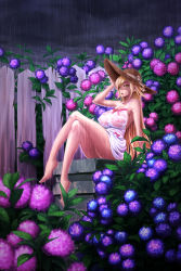 Rule 34 | 1girl, adjusting clothes, adjusting headwear, bai linqin, bare shoulders, barefoot, blonde hair, breasts, cloud, cloudy sky, covered erect nipples, crossed legs, dress, fence, flower, halterneck, hat, hat ribbon, highres, hydrangea, kiss-shot acerola-orion heart-under-blade, large breasts, long hair, long legs, md5 mismatch, monogatari (series), nipples, oshino shinobu, pointy ears, rain, ribbon, see-through, sky, sleeveless, sleeveless dress, solo, sun hat, very long hair, wet, wet clothes, white dress, yellow eyes