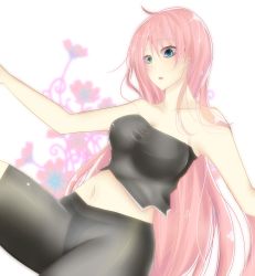 Rule 34 | 1girl, :o, absurdres, ahoge, artist request, bare arms, bare shoulders, bike shorts, blue eyes, blush, breasts, collarbone, female focus, floral background, flower, highres, large breasts, long hair, looking down, megurine luka, midriff, navel, neck, open mouth, pink hair, plant, see-through, simple background, solo, strapless, very long hair, vocaloid, white background