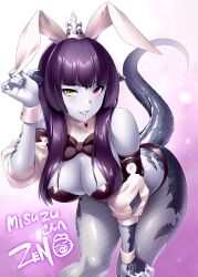 Rule 34 | 1girl, animal ears, au ra, bare shoulders, black bow, black hair, black leotard, black nails, blunt bangs, blush, bow, breasts, cleavage, colored skin, commentary, commission, cowboy shot, curvy, detached sleeves, dragon horns, dragon tail, english commentary, eyelashes, fake animal ears, final fantasy, final fantasy xiv, fishnet pantyhose, fishnets, gradient background, grey skin, hand on own knee, hand up, heterochromia, highres, horns, large breasts, leaning forward, leotard, lips, long hair, looking at viewer, mixed-language commentary, pantyhose, parted lips, pink background, playboy bunny, rabbit ears, red eyes, scales, second-party source, shiny skin, signature, skeb commission, smile, solo, standing, strapless, strapless leotard, tail, tail raised, thighs, tiara, v-shaped eyebrows, warrior of light (ff14), white background, white wrist cuffs, wrist cuffs, yellow eyes, zen (kamuro)