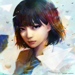 Rule 34 | 1girl, asian, blunt bangs, blurry, blurry background, bob cut, brown eyes, closed mouth, collared shirt, expressionless, highres, lips, looking at viewer, original, paper airplane, pink lips, portrait, realistic, scan, shirt, short hair, solo, upper body, wataboku, white shirt, wing collar