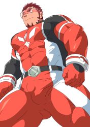 Rule 34 | 1boy, akashi (live a hero), bara, bodysuit, bulge, covered abs, covered erect nipples, covered navel, facial hair, feet out of frame, from below, gluteal fold, goatee, gradient hair, highres, large pectorals, live a hero, long sideburns, looking to the side, male focus, multicolored hair, muscular, muscular male, pectorals, red bodysuit, red eyes, red hair, ruizu (takakisan503), short hair, sideburns, skin tight, smile, solo, thick eyebrows, thick thighs, thighs