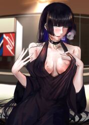 Rule 34 | 1girl, absurdres, bare shoulders, black choker, black dress, black hair, blue hair, blunt bangs, blurry, blurry background, blush, bocchi the rock!, breasts, breath, center opening, chin piercing, choker, cleavage, collarbone, colored inner hair, covered erect nipples, cowboy shot, dress, drooling, earclip, earrings, eyelashes, fingernails, flashing, halter dress, halterneck, hands up, heavy breathing, highres, hime cut, jdep, jewelry, long fingernails, long hair, long sleeves, looking at viewer, medium breasts, multicolored hair, nipple slip, nipples, no bra, nose blush, off-shoulder dress, off shoulder, open mouth, pa-san, saliva, solo, straight hair, strap pull, stud earrings, teeth, two-tone hair, very long hair, wide sleeves