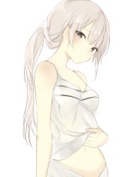 Rule 34 | 1girl, bare arms, clothes lift, grey eyes, grey hair, head tilt, long hair, looking at viewer, lpip, midriff peek, navel, open mouth, original, ponytail, shirt lift, simple background, solo, tank top, upper body, white background