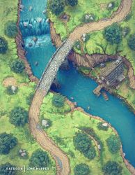 Rule 34 | absurdres, artist name, boat, bridge, chimney, commentary, day, dirt road, english commentary, highres, house, lone mapper, no humans, oar, original, outdoors, patreon username, pier, puddle, river, road, rooftop, rowboat, scenery, tree, water, watercraft