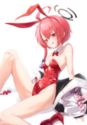 Rule 34 | 1girl, ahoge, animal ears, bandaid, bandaid on knee, bandaid on leg, bare legs, bare shoulders, black jacket, blue archive, bow, bowtie, breasts, covered navel, cup, detached collar, drinking glass, fake animal ears, fang, hairband, halo, high heels, highleg, highleg leotard, highres, jacket, ju-ok, knee up, leotard, long hair, looking at viewer, mole, mole under eye, neru (blue archive), neru (bunny) (blue archive), playboy bunny, rabbit ears, red bow, red bowtie, red eyes, red footwear, red hair, red hairband, red leotard, shoes, unworn shoes, simple background, sitting, small breasts, solo, sweatdrop, traditional bowtie, white background