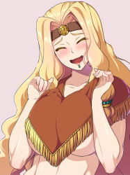 Rule 34 | 1girl, 846-gou, blonde hair, blush, breasts, chin piercing, closed eyes, collarbone, fate/grand order, fate (series), headband, highres, large breasts, long hair, open mouth, parted bangs, poncho, quetzalcoatl (fate), smile, solo, underboob