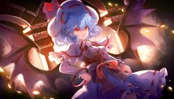 Rule 34 | 1girl, 60mai, backlighting, bat wings, blue hair, bow, capelet, closed mouth, dress, dutch angle, fang, frills, hair between eyes, hands on own hips, hat, hat bow, jewelry, light particles, looking ahead, pillar, red bow, red eyes, remilia scarlet, ring, short hair, smile, solo, standing, touhou, tsurime, v-shaped eyebrows, wavy hair, white capelet, white dress, white hat, wings