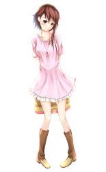 Rule 34 | 10s, 1girl, absurdres, arms behind back, blush, boots, brown eyes, brown hair, dress, head tilt, highres, inushi, jewelry, knee boots, looking at viewer, nisekoi, onodera kosaki, pendant, pigeon-toed, pink dress, short hair, simple background, smile, solo, white background