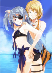 Rule 34 | 10s, 2girls, adjusting clothes, adjusting swimsuit, ass, bikini, blonde hair, bunching hair, charlotte dunois, eyepatch, flat ass, holster, infinite stratos, jewelry, kabocha, kabocha (monkey4), laura bodewig, long hair, multiple girls, necklace, red eyes, silver hair, swimsuit, thigh holster