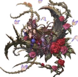 Rule 34 | 10s, 1girl, ass, bare shoulders, between breasts, breasts, brown hair, bug, butterfly, flower, granblue fantasy, hair ornament, high heels, bug, jewelry, leotard, long hair, minaba hideo, official art, purple eyes, rose, rose queen, rosetta (granblue fantasy), smile, thighhighs, thorns, transparent background, very long hair