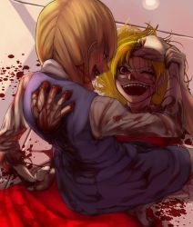 Rule 34 | 2girls, battle, blonde hair, blood, bukimi isan, face, fangs, female focus, flandre scarlet, grabbing another&#039;s hair, grin, guro, highres, holding another&#039;s wrist, injury, moriya suwako, multiple girls, nosebleed, red eyes, scratches, smile, touhou, vampire, wince