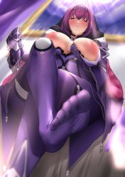 Rule 34 | 1girl, absurdres, armor, bodysuit, breasts, breasts out, commission, fate/grand order, fate (series), feet, fur collar, hair between eyes, highres, kymp, large areolae, large breasts, legs, long hair, looking at viewer, nipples, pauldrons, pixiv commission, puffy nipples, purple bodysuit, purple hair, red eyes, scathach (fate), scathach skadi (fate), shoulder armor, smile, soles, tiara, toes, waist cape