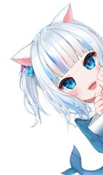 Rule 34 | 1girl, absurdres, animal ears, blue eyes, blue hair, blush, cat ears, dot nose, fins, fish tail, gawr gura, gradient hair, hair ornament, highres, hololive, hololive english, jacket, kohe billialot, long sleeves, looking at viewer, multicolored hair, open mouth, phone wallpaper, shark tail, sharp teeth, smile, solo, tail, teeth, virtual youtuber, wallpaper, white hair