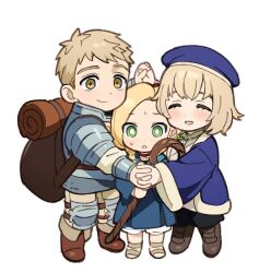 Rule 34 | 1boy, 2girls, ^ ^, armor, backpack, bag, beret, black pants, blonde hair, blue dress, blue headwear, boots, boy and girl sandwich, braid, bright pupils, brother and sister, brown eyes, brown footwear, chibi, chibi only, closed eyes, commentary, dress, dungeon meshi, facing viewer, falin touden, falin touden (tallman), full body, green eyes, hat, highres, holding, holding hands, holding staff, interlocked fingers, knee boots, knee pads, laios touden, long sleeves, looking at viewer, marcille donato, medium hair, multiple girls, open mouth, pants, pauldrons, pointy ears, sandwiched, short hair, shoulder armor, siblings, side braid, simple background, single braid, smile, staff, standing, symbol-only commentary, triangle mouth, vambraces, white background, white pupils, wuliu heihuo
