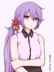 Rule 34 | &gt;:(, 10s, 1girl, akebono (kancolle), alternate costume, arm grab, bell, casual, disco brando, flower, frown, hair bell, hair flower, hair ornament, hairclip, jingle bell, kantai collection, long hair, looking at viewer, purple eyes, purple hair, side ponytail, simple background, solo, twitter username, v-shaped eyebrows, white background