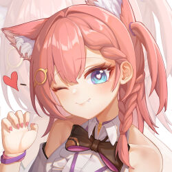 Rule 34 | 1girl, ;), absurdres, animal ear fluff, animal ears, asta (honkai: star rail), bare shoulders, black bow, black bowtie, blue eyes, bow, bowtie, braid, cat ears, commentary request, fang, fang out, hair ornament, hand up, head tilt, heart, highres, honkai: star rail, honkai (series), kemonomimi mode, looking at viewer, medium hair, nail polish, one eye closed, one side up, pink hair, pink nails, shirt, sleeveless, sleeveless shirt, smile, songzzz, upper body, zoom layer