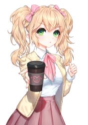 Rule 34 | 1girl, :o, absurdres, player character (mabinogi), blonde hair, bow, breasts, brown jacket, brown skirt, coffee cup, collared shirt, commentary request, cup, disposable cup, green eyes, hair between eyes, highres, holding, holding cup, jacket, long hair, long sleeves, looking at viewer, mabinogi, medium breasts, nail polish, open clothes, open jacket, original, outstretched arm, parted lips, pink bow, pink nails, pleated skirt, pointy ears, raku (clearpage), shirt, sidelocks, simple background, skirt, sleeves past wrists, solo, twintails, v-shaped eyebrows, white background, white shirt