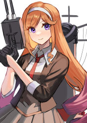 Rule 34 | 1girl, adapted turret, asymmetrical sidelocks, black gloves, black jacket, cannon, collared shirt, drill hair, gloves, gradient hair, grey skirt, highres, holding, jacket, kantai collection, long hair, long sleeves, looking at viewer, machinery, multicolored hair, necktie, orange hair, pleated skirt, purple eyes, red necktie, sagiri teitoku, shirt, simple background, skirt, smile, solo, turret, white background, white shirt, yuugure (kancolle)