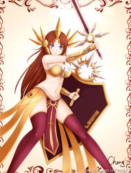 Rule 34 | 1girl, armor, bikini armor, blue eyes, breasts, brown hair, character name, cheng, cleavage, ear protection, female focus, forehead protector, gradient background, league of legends, leona (league of legends), long hair, navel, shield, signature, solo, sword, thighhighs, weapon