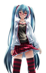 Rule 34 | 1girl, aqua hair, aqua nails, black shirt, collarbone, commentary, cowboy shot, drawstring, frilled skirt, frills, glasses, gluteal fold, hair ornament, hatsune miku, headphones, highres, hood, hooded jacket, jacket, jewelry, long hair, looking at viewer, miniskirt, nail polish, natural (module), necklace, plaid, plaid skirt, project diva (series), red eyes, shirt, skirt, smile, solo, standing, striped clothes, striped thighhighs, thighhighs, tsukishiro saika, twintails, very long hair, vocaloid, white background, white jacket, zipper