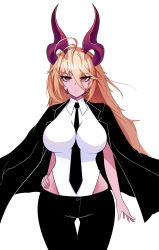 Rule 34 | 1girl, absurdres, ahoge, bails, black pants, blonde hair, breasts, colored skin, dark magician beth, demon girl, expressionless, feet out of frame, guardian tales, hand on own hip, highres, horns, large breasts, long hair, looking at viewer, necktie, pants, purple skin, shirt, solo, white background, white shirt