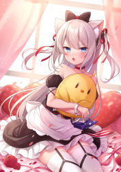 Rule 34 | 1girl, absurdres, amane kurumi, animal ear fluff, animal ears, apron, azur lane, bare shoulders, black bow, black dress, black sleeves, blue eyes, blush, bow, cat ears, collarbone, commentary request, curtains, detached sleeves, dress, flower, frilled apron, frills, grey hair, hair bow, hair ribbon, hammann (azur lane), has bad revision, has downscaled revision, heart, heart-shaped pillow, highres, indoors, long hair, looking at viewer, manjuu (azur lane), md5 mismatch, hugging object, open mouth, pillow, polka dot, puffy short sleeves, puffy sleeves, red flower, red ribbon, red rose, resolution mismatch, ribbon, rose, short sleeves, solo, source smaller, strapless, strapless dress, stuffed animal, stuffed bird, stuffed toy, thighhighs, two side up, very long hair, white apron, white thighhighs, window, wrist cuffs