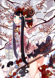 Rule 34 | 1girl, animal ears, bell, black hair, blue eyes, bow, dress, hair bow, heart, heart-shaped pupils, hood, hoodie, horns, legs together, long hair, md5 mismatch, ribbon, selenoring, sheep, sheep ears, sitting, snow, solo, souseiki aster gate, symbol-shaped pupils, tongue, tongue out, tree, very long hair, wand