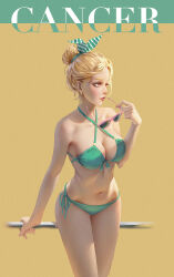 Rule 34 | 1girl, bikini, blonde hair, bow, breasts, cleavage cutout, clothing cutout, cross-laced bikini, cross-laced clothes, earrings, english text, front-tie bikini top, front-tie top, ga is, green bikini, hair bow, hair bun, hair up, holding, jewelry, looking to the side, medium breasts, navel, original, removing eyewear, side-tie bikini bottom, simple background, sunglasses, swimsuit, tassel, tassel earrings, yellow background